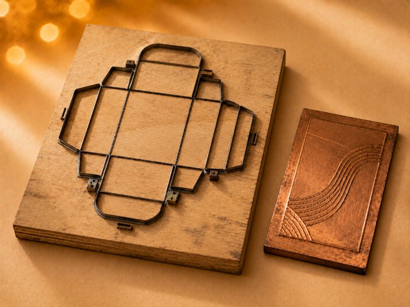 A wooden die-cutting forme with steel blades set into a plywood base