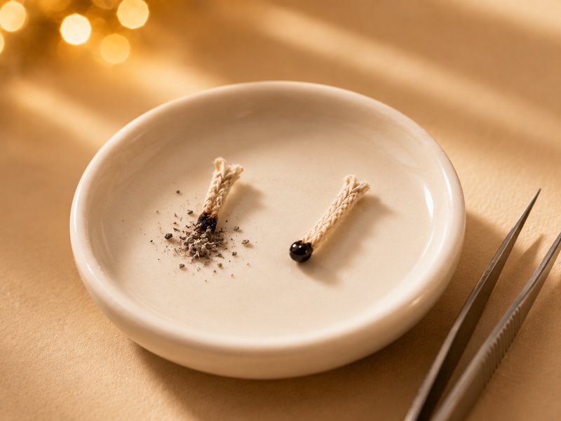 Two fabric threads on a small dish after a burn test