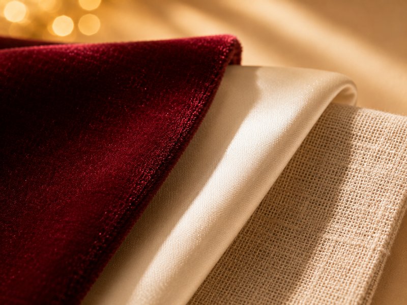 Velvet, satin and cotton-linen fabric layered together showing the difference in surface texture