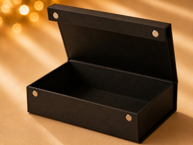 Black rigid magnetic gift box with the lid open