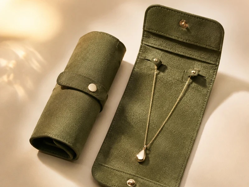 Olive green microfiber suede snap-flap necklace roll case, open and closed