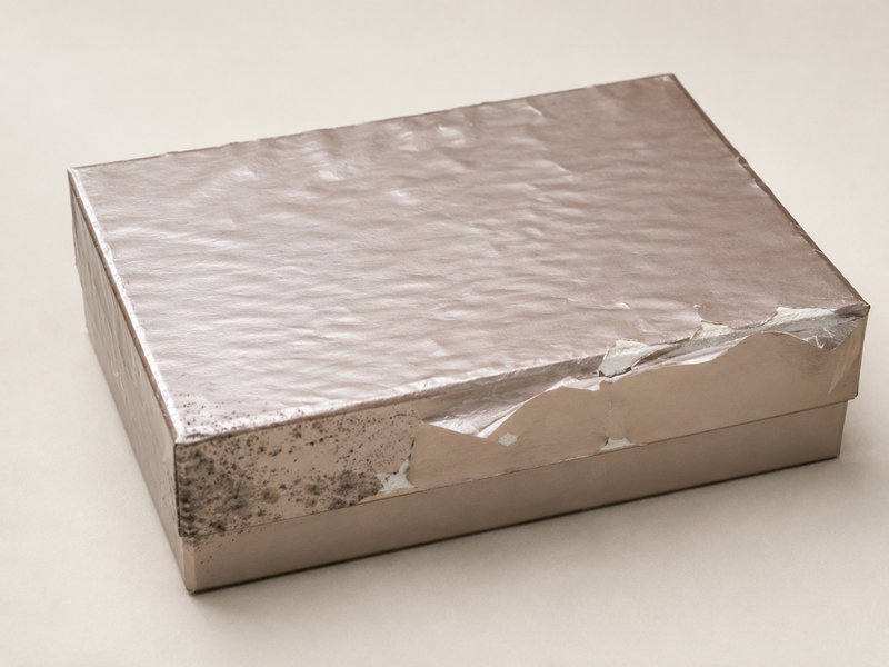 A gift box damaged by moisture, with warped surfaces, laminated film lifting away from the board