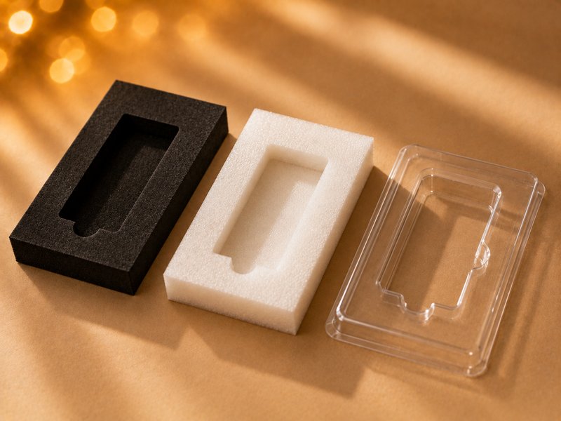 EVA foam, pearl cotton and vacuum-formed plastic inserts side by side, each with a moulded cavity