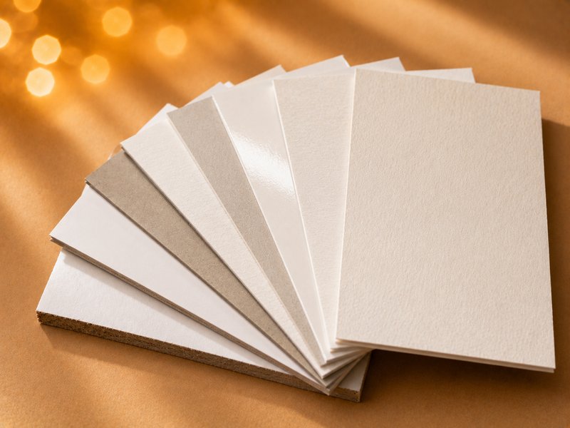 A fan of paperboard swatches showing different thicknesses, surfaces and reverse-side colours