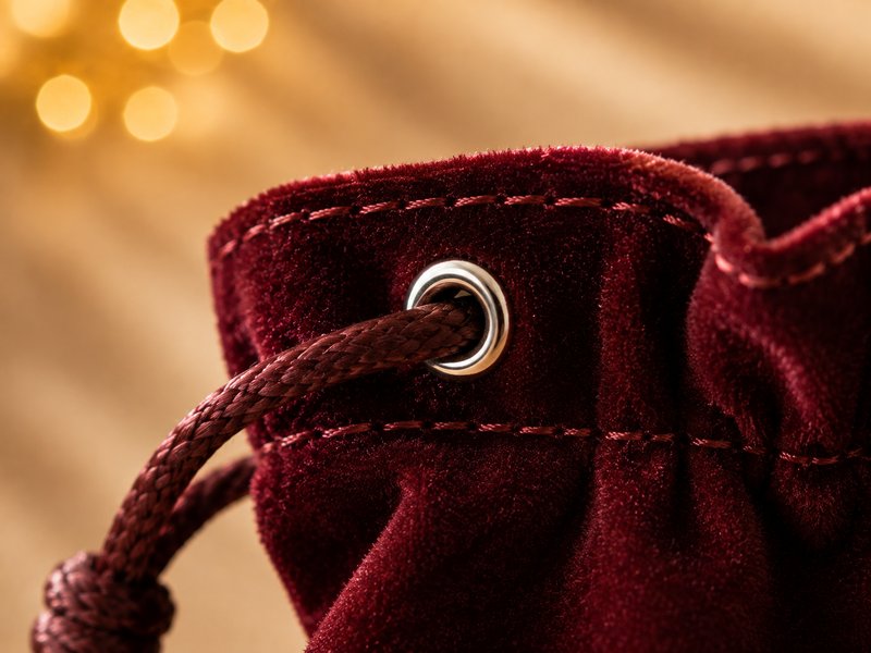 Close-up of a velvet pouch mouth showing a reinforced metal eyelet with a braided drawstring pass