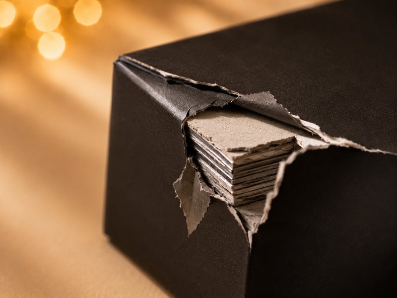 Corner of a black rigid box torn open to expose the layered greyboard beneath the wrapped paper
