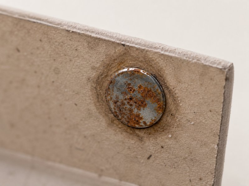 Macro view of a magnet set into a box lid, its surface corroded with rust and flaking plating