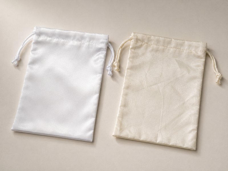 Two white satin drawstring pouches side by side, one bright white and one yellowed to a dull cream
