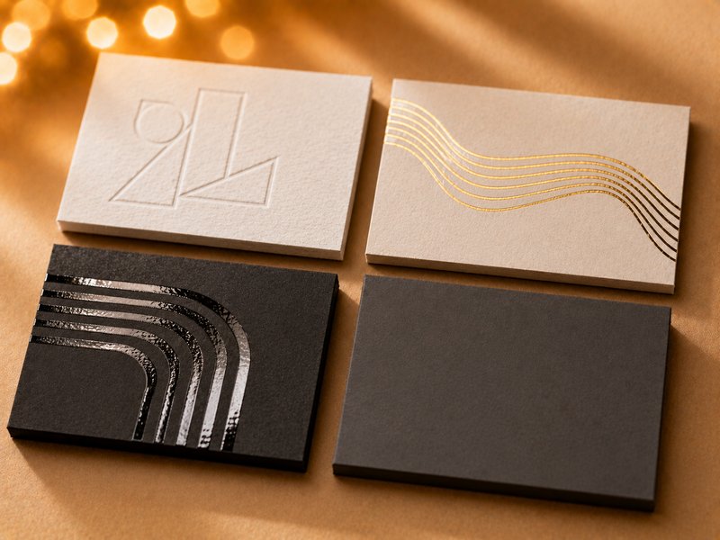 Four paperboard samples showing blind debossing, gold foil stamping, spot UV on matte black