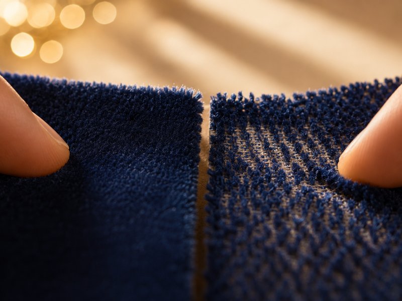 Fingers parting the pile on two navy velvet swatches