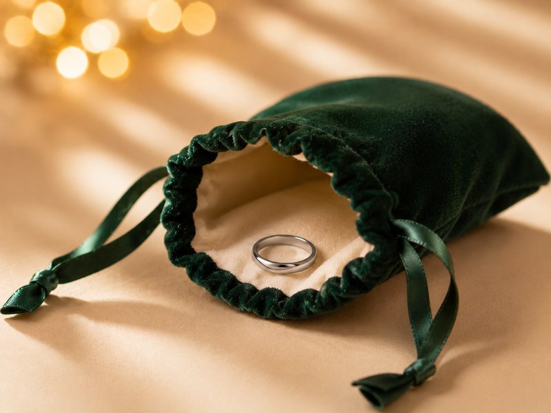 Green velvet jewelry pouch opened to show its cream microfibre inner lining with a silver ring re