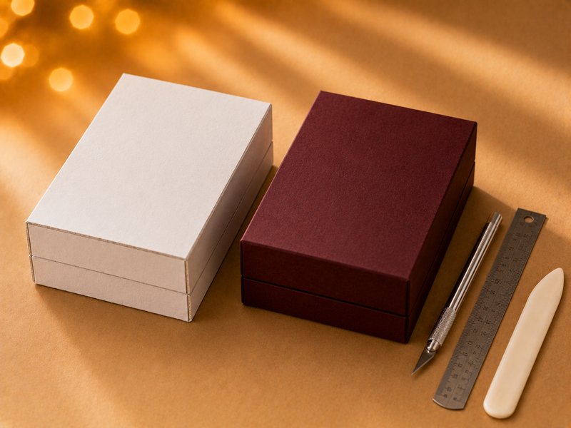 A plain white unprinted mock-up box beside the finished wrapped version, with a craft knife