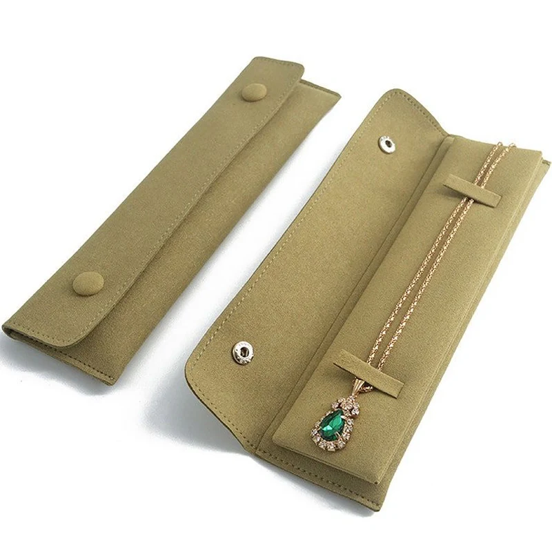 Olive green microfiber suede snap-flap necklace roll case, open and closed