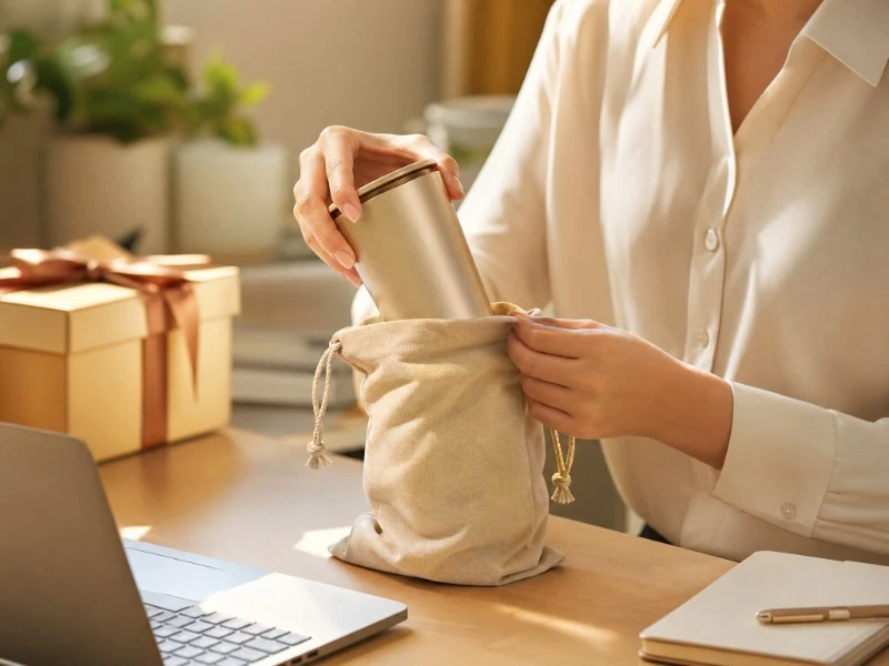 Hand placing a gold tumbler into a cotton drawstring gift pouch
