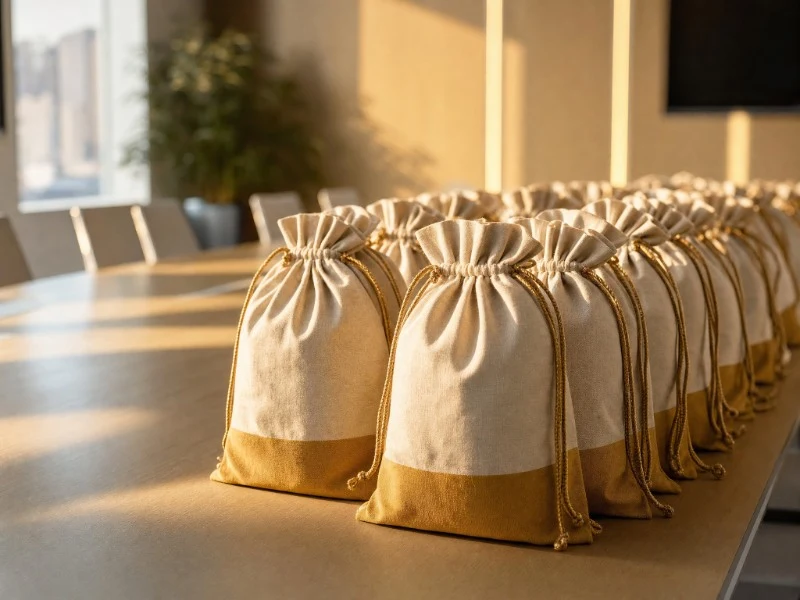 Rows of two-tone cotton gift pouches lined up for a corporate event