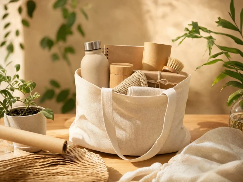 Cotton canvas tote bag filled with eco-friendly corporate gift items