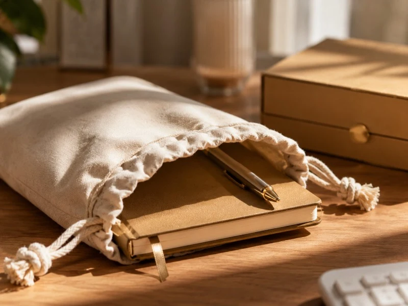 Cotton canvas gift pouch with a branded notebook and pen on an office desk — Genesis Bags
