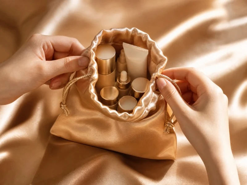 Hands opening a gold satin cosmetic pouch filled with skincare bottles