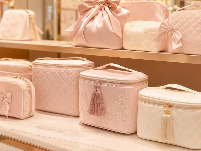Pink and cream quilted satin cosmetic bags on a retail display shelf