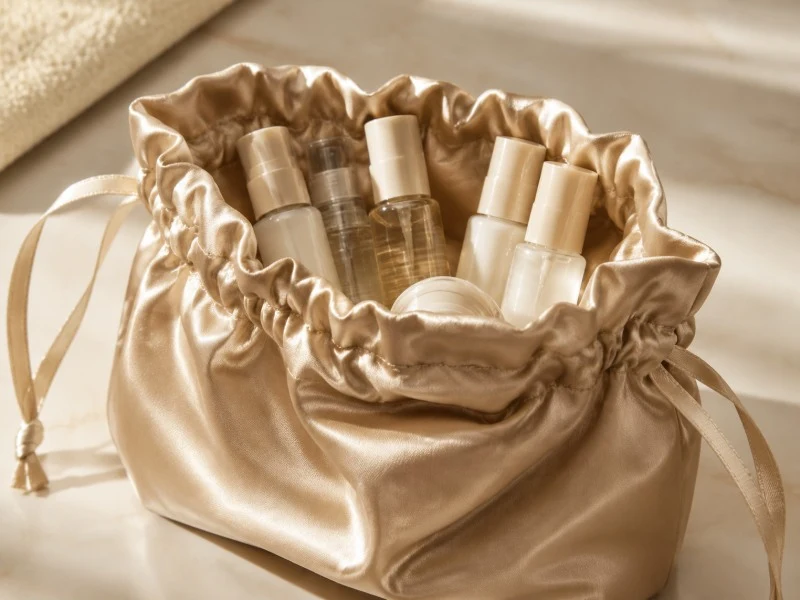 Gold satin cosmetic pouch holding travel-size skincare bottles