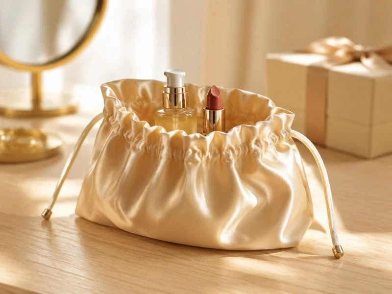 Champagne satin cosmetic pouch with perfume and lipstick on a vanity table — Genesis Bags