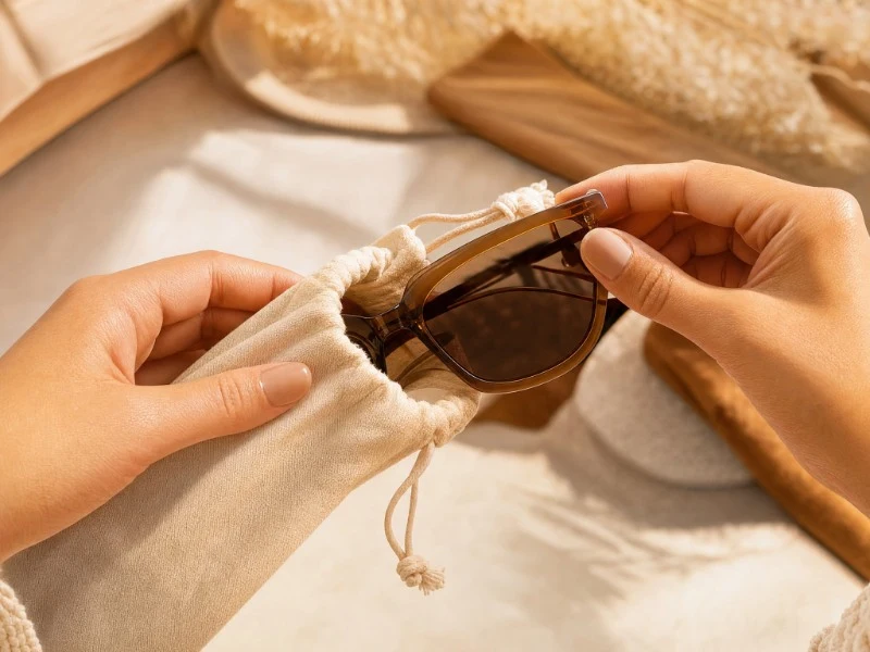 Hands placing sunglasses into a natural cotton drawstring pouch