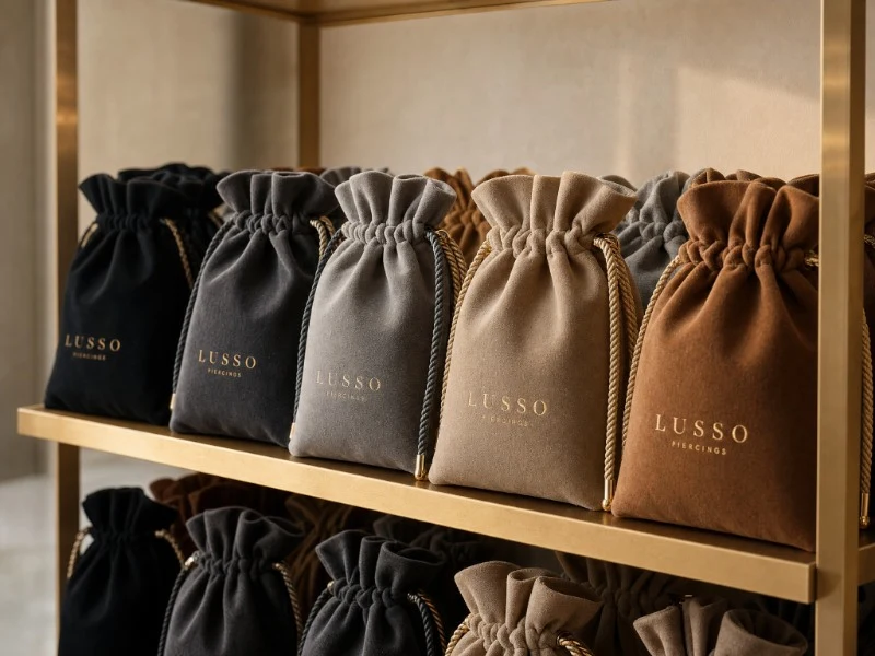 Velvet accessory pouches with a debossed brand logo on a retail shelf
