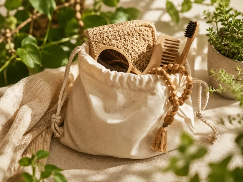 Cotton drawstring pouch with sunglasses, a wooden comb and bead bracelet