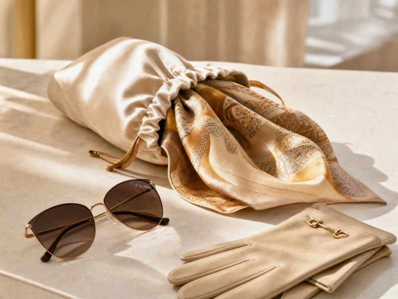 Champagne satin pouch with a silk scarf, sunglasses and leather gloves — Genesis Bags