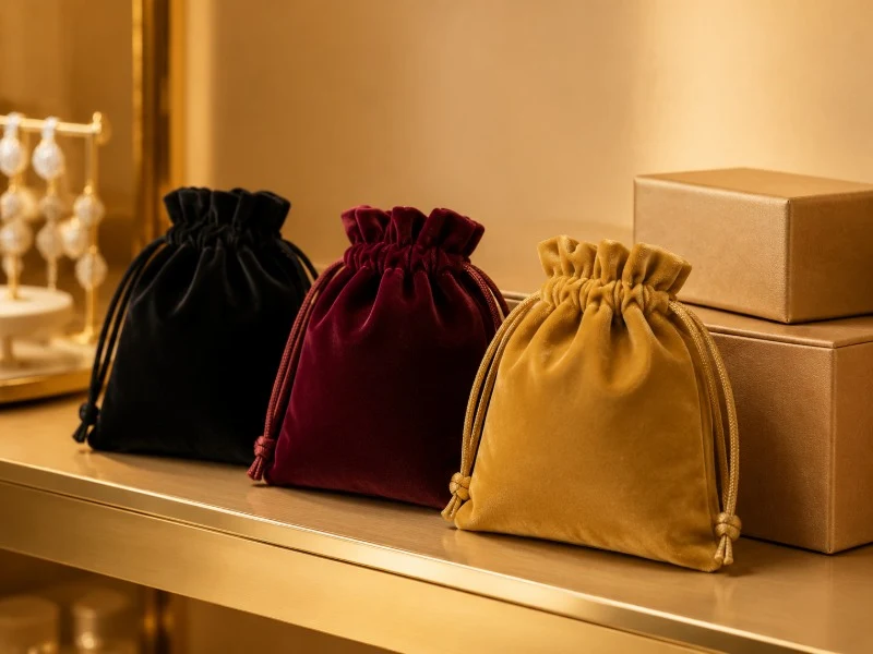 Black, burgundy and gold velvet jewelry pouches displayed on a shelf