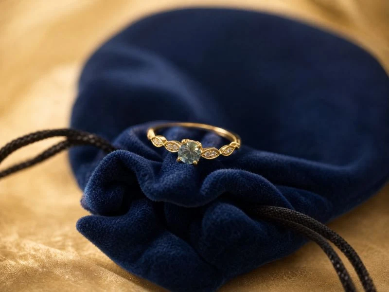 Diamond ring resting on a navy velvet jewelry pouch
