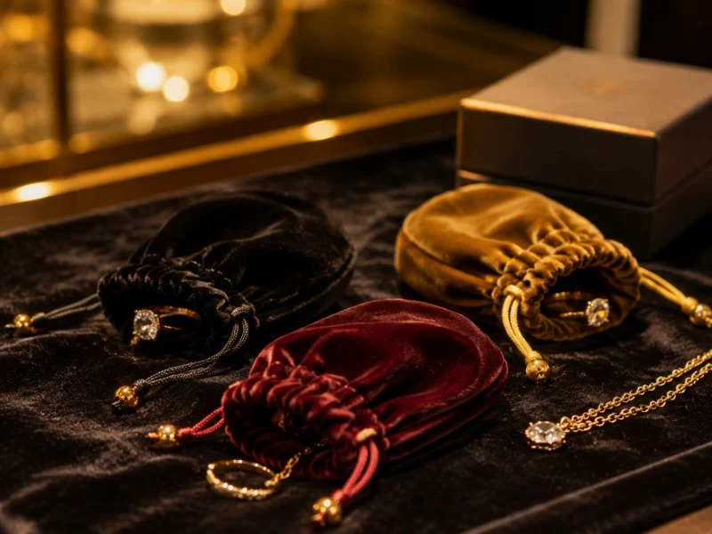 Velvet jewelry pouches with rings on a boutique display counter — Genesis Bags