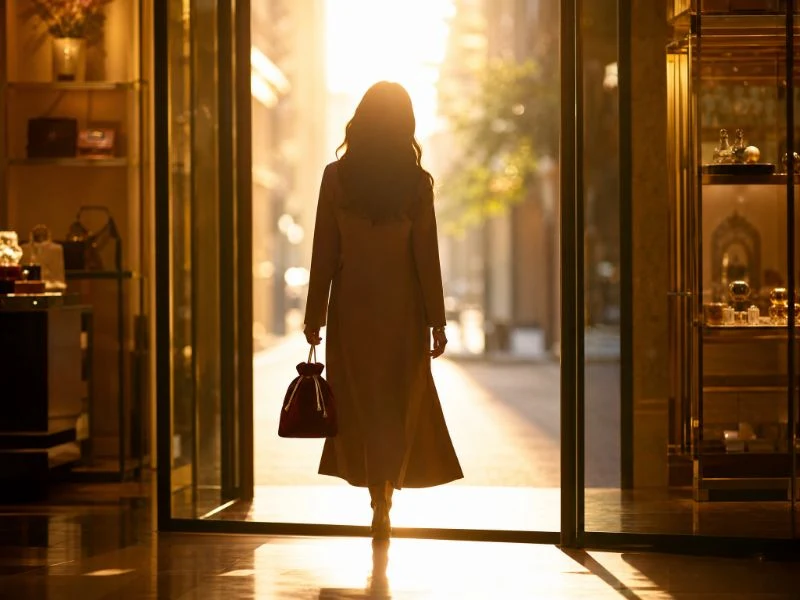 Shopper leaving a luxury boutique carrying a small velvet gift pouch
