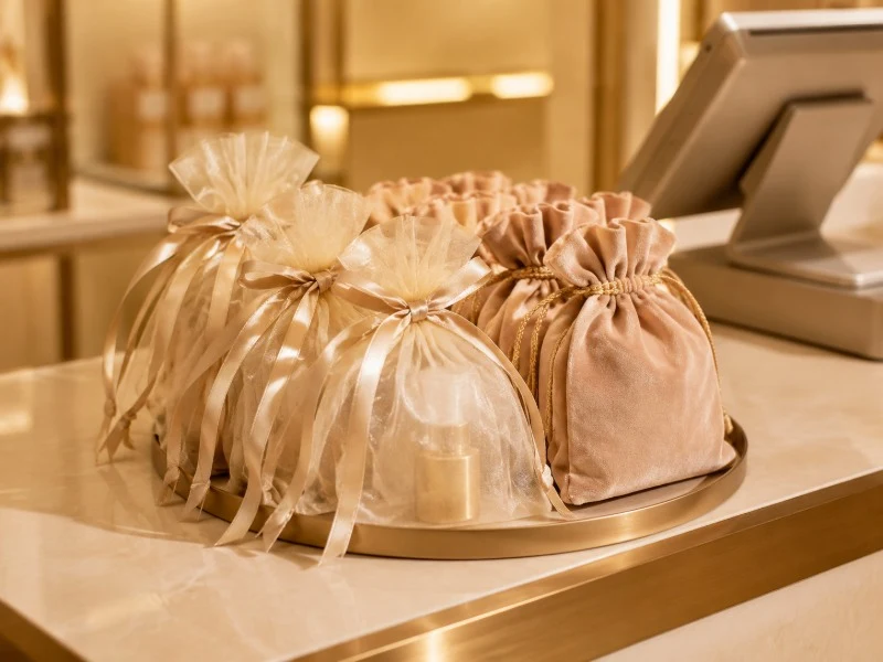 Organza and velvet gift pouches on a boutique checkout counter