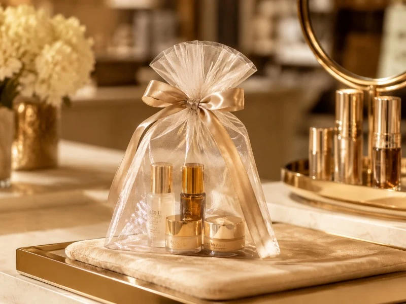 Organza gift bag with a ribbon bow holding premium skincare products