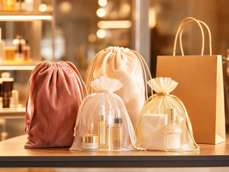 Assorted velvet and organza gift pouches with retail products in a boutique — Genesis Bags