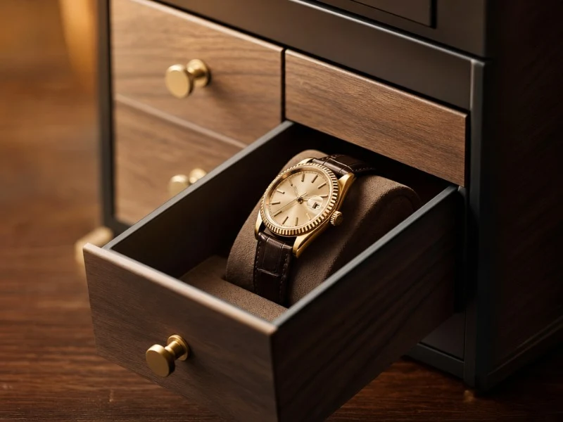 Gold wristwatch presented in a wooden valet drawer with a suede cushion