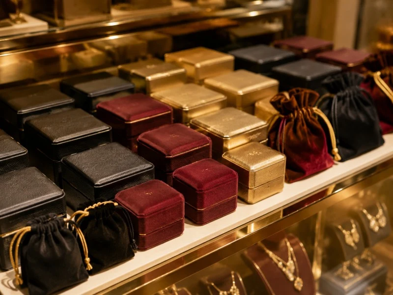 Assorted watch and ring boxes with velvet pouches on a boutique display