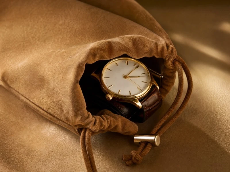 Gold wristwatch tucked into a tan suede drawstring pouch