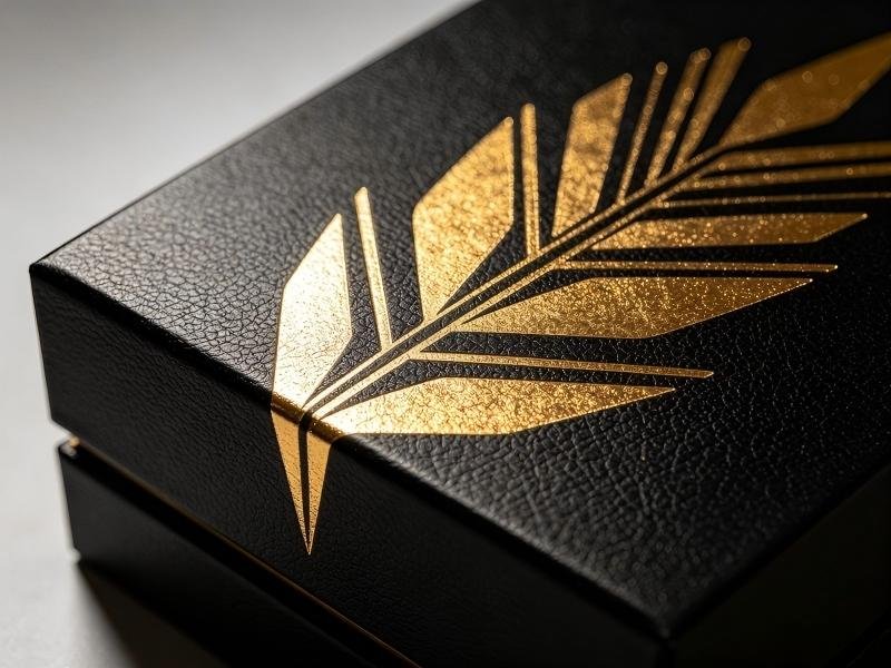 Gold foil stamping custom artwork on black luxury packaging box