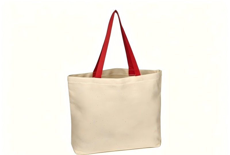 Natural cotton canvas tote bag with red handles, custom reusable shopping bag