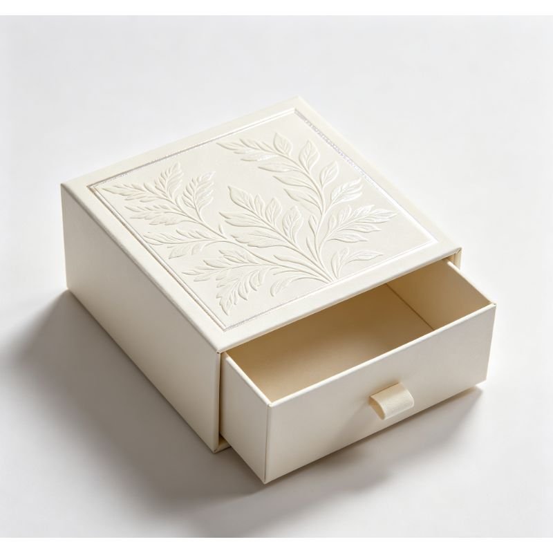 Sliding drawer box with ribbon pull